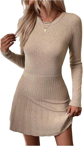 winkbay Women's Long Sleeve Mini Sweater Dress Elegant Casual Crew Neck A Line W