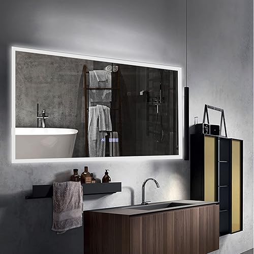 Espejo de baño con retroiluminación LED de 60 x 28 pulgadas, espejo de pared con luz antiniebla con pantalla integrada de tiempotemperatura, función