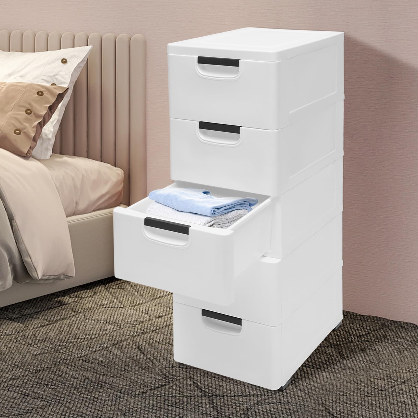 Storage 5 Drawers Stackable Mobile Drawer Cabinet 5-Tier Plastic Drawer Storage Cabinet - White Stackable Organizer With ...
