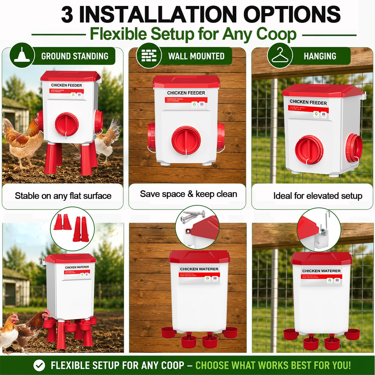 Ensemble mangeoire et abreuvoir pour poulets, système d'alimentation automatique sans déchets, mangeoire de 12 kg et abreuvoir de 11 L, kit de poulailler 4 en 1 avec support de légumes pour