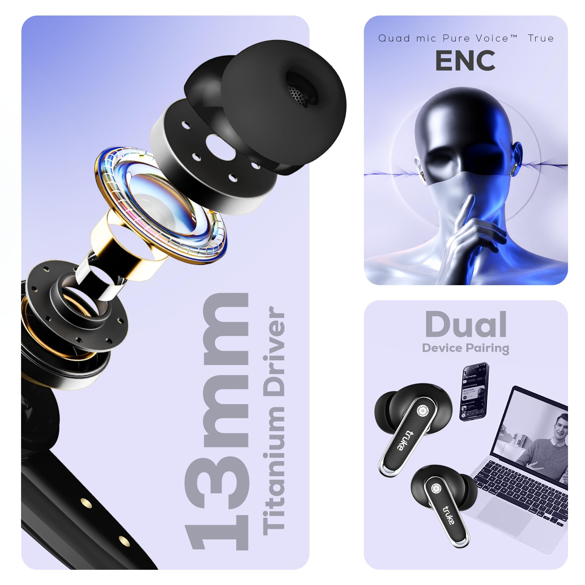 truke New Launch Mega 12 True Wireless in Ear Earbuds W/ 24-Bit Spatial Audio, Premium Leather Textured Design, 70H Playtime Fast Charge Buds, 13mm Drivers TWS, Low Latency, ENC (Ash Black) — Amazon image 2
