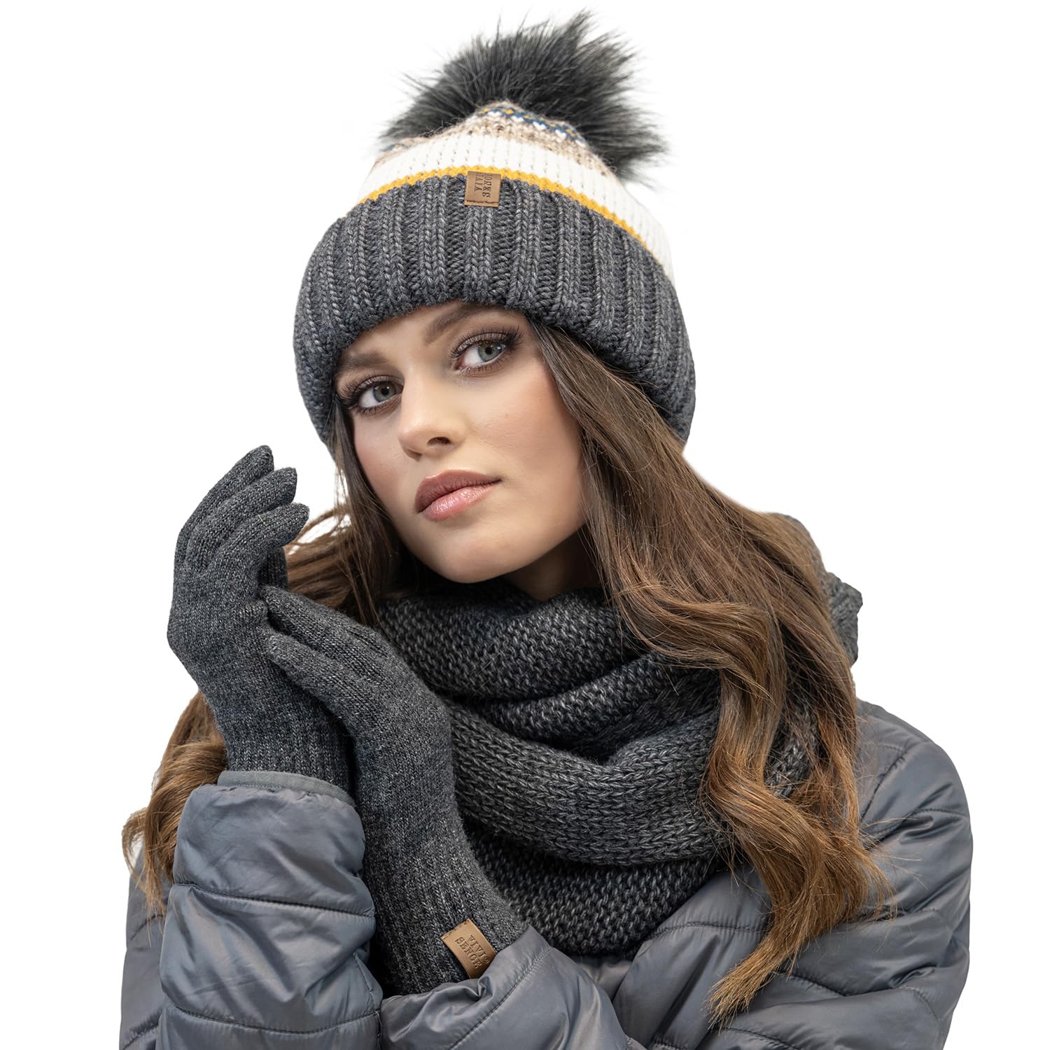 Vivisence Women's Dark Grey Fashionable Winter Set Hat With Colorful Weave And Pom-Pom Foldable Snood Scarf Made From Soft Anti-Static Fleece Lining And Warm Gloves With Wide Welt Finish, ,Uni