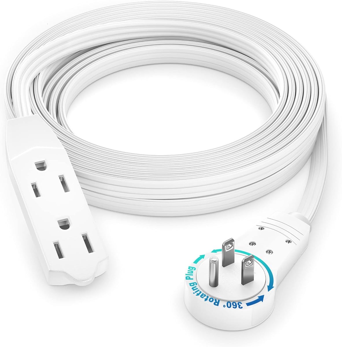 Cable Maximm Cable de extensión de enchufe plano giratorio de 12 pies 360°, cable con conexión a tierra de 3 clavijas múltiples de 16/3 cae (AWG) - Blanco - Certificado UL