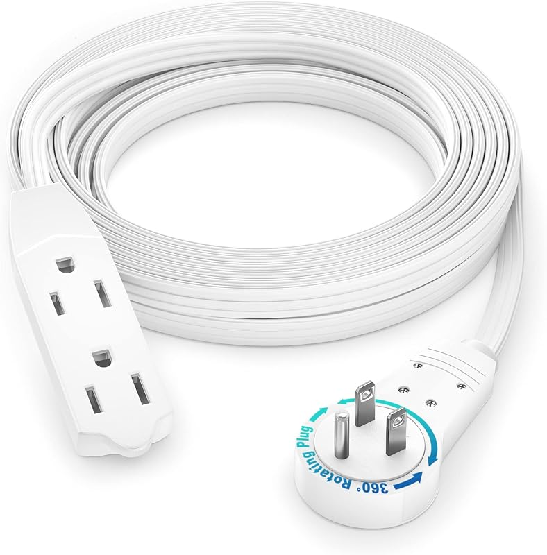 Cable Maximm Cable de extensión de enchufe plano giratorio de 12 pies 360°, cable con conexión a tierra de 3 clavijas múltiples de 16/3 cae (AWG) - Blanco - Certificado UL