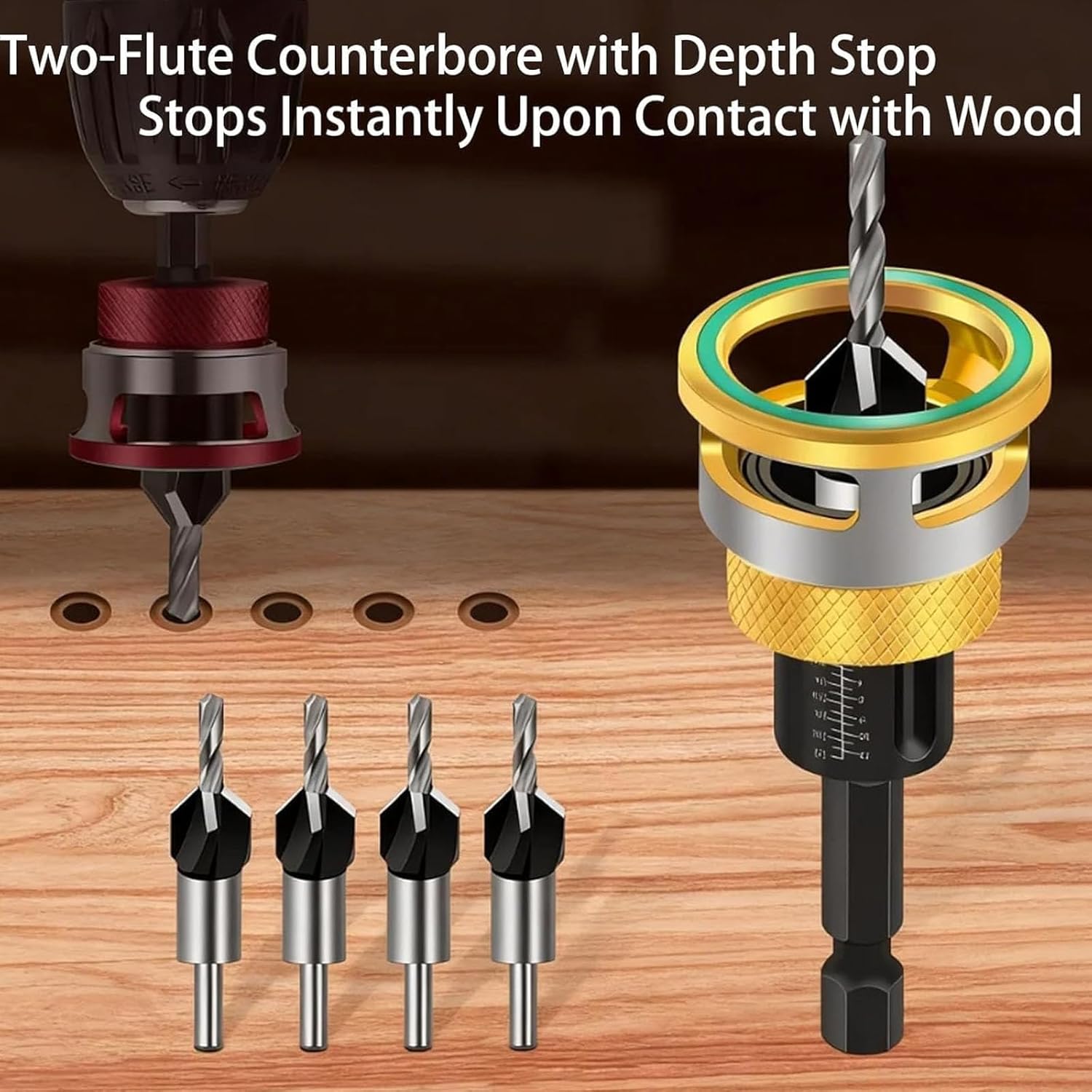 Two-Flute Counterbore with Depth Stop, 4PCS Four-Flute Tapered Drill Bits and Adjustable Depth Stop Collar, Tapered Head 3/8” 82° Counter-Bore,1/4” Hex Shan for Woodworking, Cabinetry, DIY (Gold)