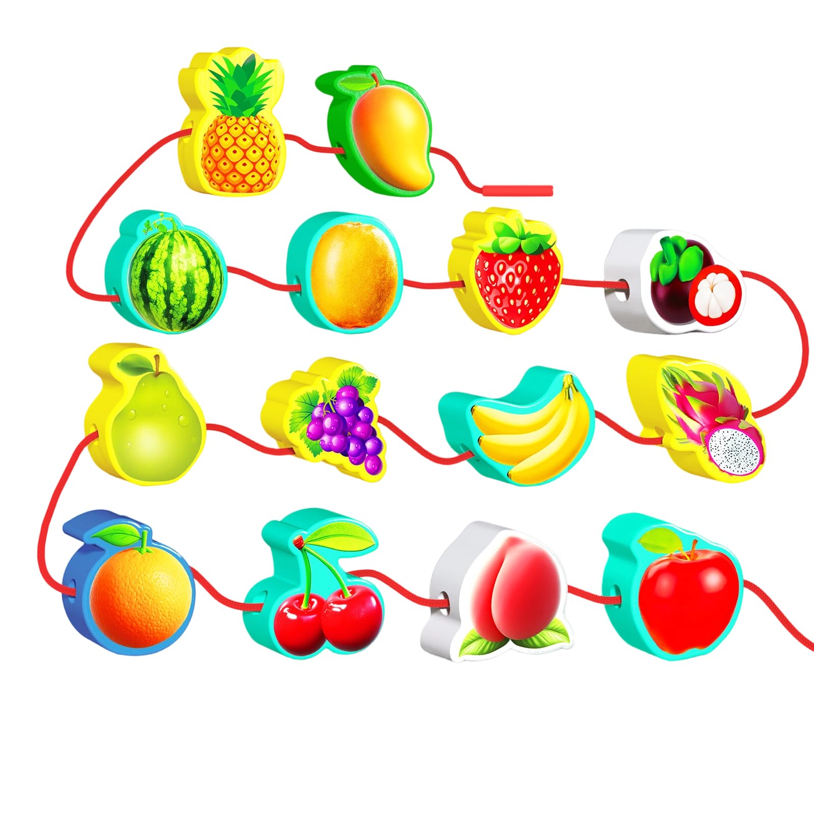 Yeesabella 14Pcs Toddler Threading Toys, Wooden Lacing Beads with Animals Fruits Vegetables, Montessori Fine Motor Skills Toy for 3 4 5 Year Old