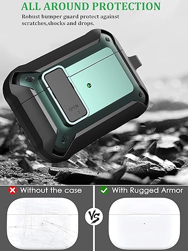 Miniatura 3 de Funda para AirPods Pro 21 Gen, funda protectora resistente con kit limpiador y puntas de repuesto para las orejas (SML), llavero, negroverde