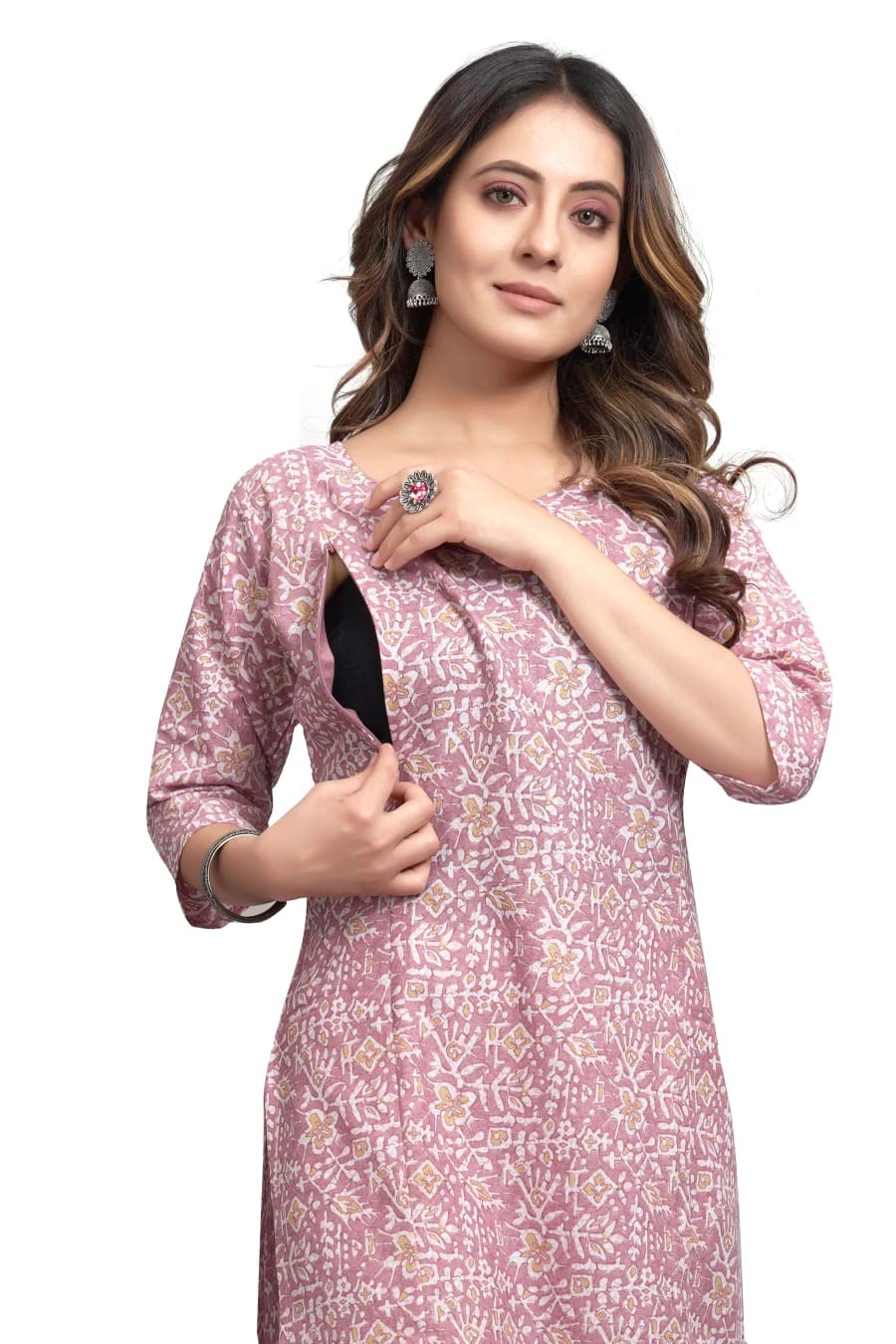 MN creation Women Cotton A-line Straight Maternity Feeding Kurtiswith Zipper