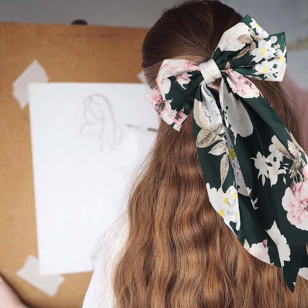 Satin Hair Bows for Women Floral Bow Hair Clips for Thick Curly Hair Large bowknot hair Barrettes Flower Print Hair Accessories Cute Gifts for Women and Girls 4 pcs - Image 4