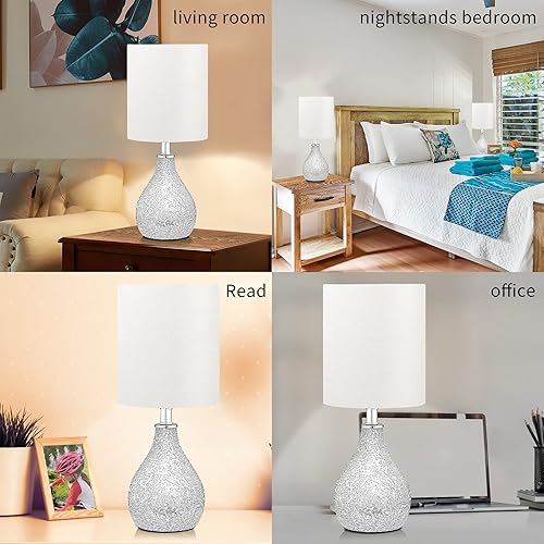 Miniatura 3 de Juego de 2 lámparas de mesa modernas, espejo con diseño de calabaza plateada, mosaico de vidrio con azulejos de 17.5 pulgadas, lámpara de mesita de