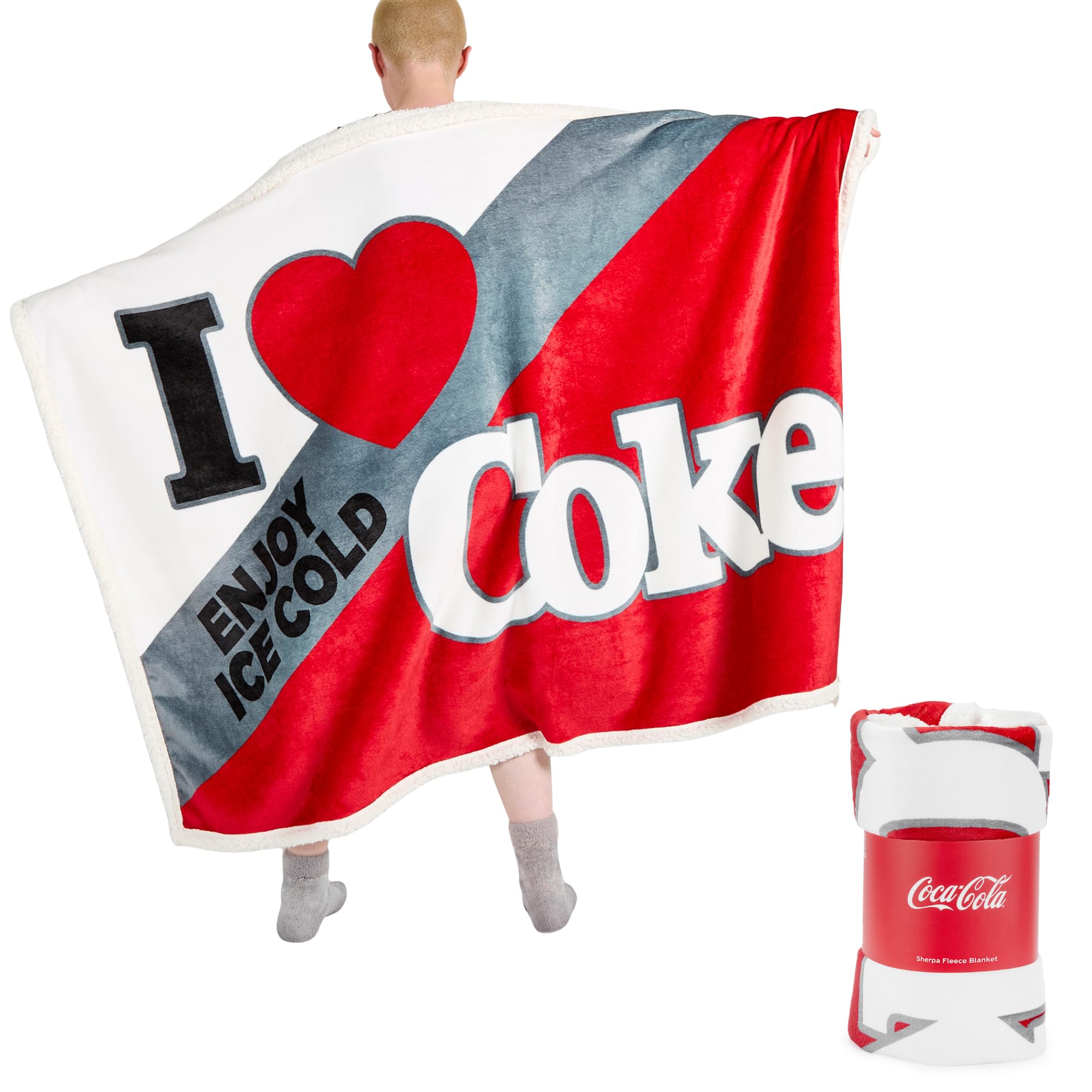 Coca Cola Classic 'I Love Coke' Retro Sherpa Fleece Blanket - 152 x 117 cm, Official Merchandise For the fans of Coke