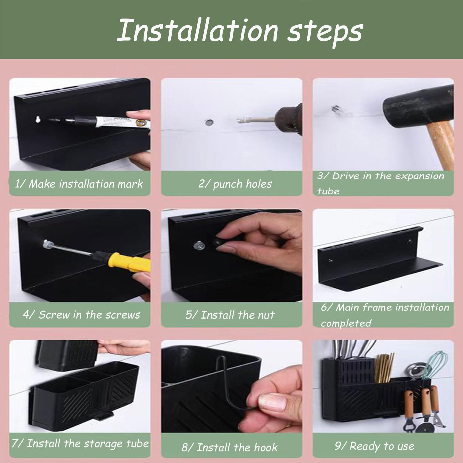 Soporte para utensilios de cocina con ganchos, escurridor de cubiertos y cucharas, organizador de encimera negro para cocina y comedor