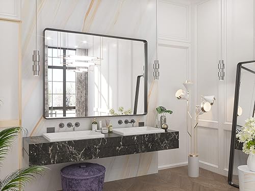 Miniatura 50 de TETOTE Espejo de 60 x 36 pulgadas para baño, espejo de tocador dorado de latón cepillado, espejo de pared grande rectangular con marco de metal Oro