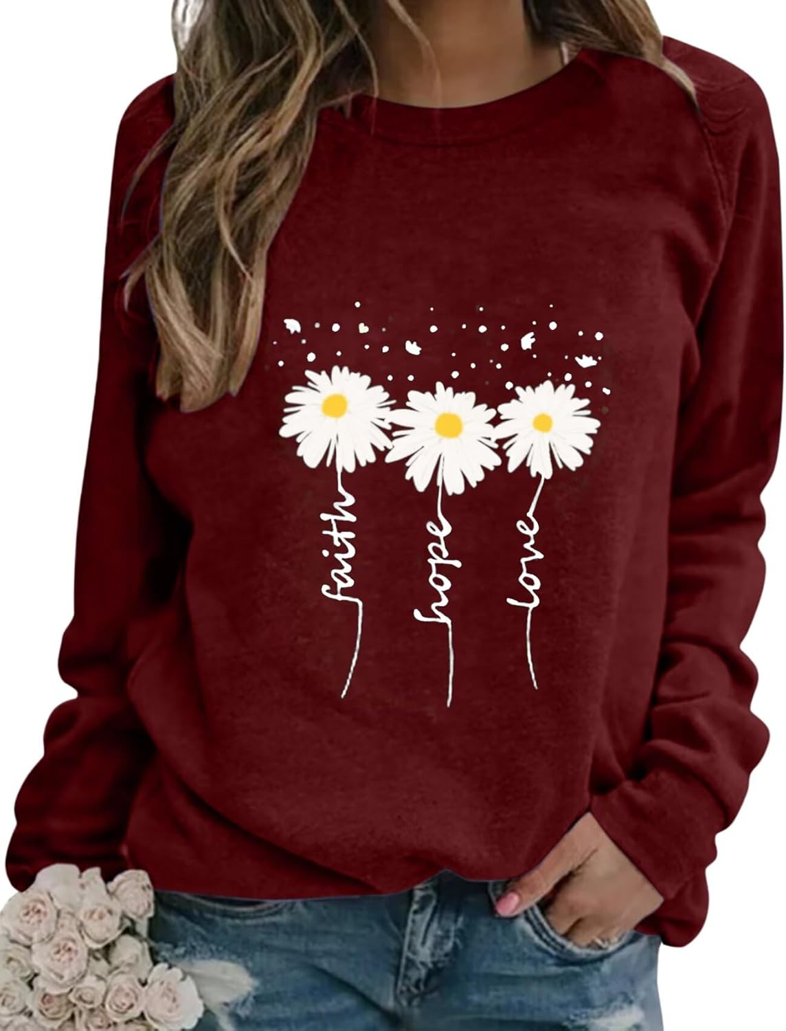 EADINVE Women Crewneck Daisy Print Long Sleeve Sweatshirts Faith-Hope-Love Graphic Tops Casual Loose Fit Pullover Shirts