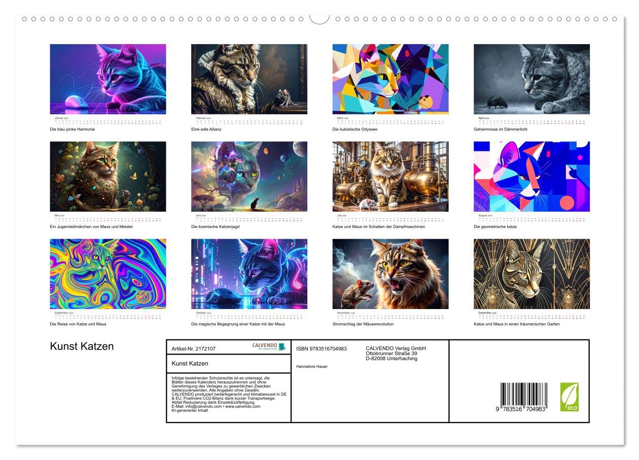 Kunst Katzen (hochwertiger Premium Wandkalender 2026 DIN A2 quer), Kunstdruck in Hochglanz: Katzen in den verschiedensten Kunstepochen