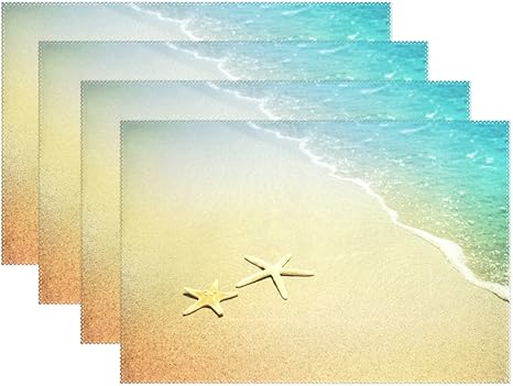 Amazon マキク Makiku ４枚セット ランチョンマット おしゃれ ハワイ 海 砂浜 ヒトデ 北欧 プレースマット 撥水 防汚 滑り止め 断熱 大人 子供 対応 家庭 レストラン用 ランチョンマット オンライン通販