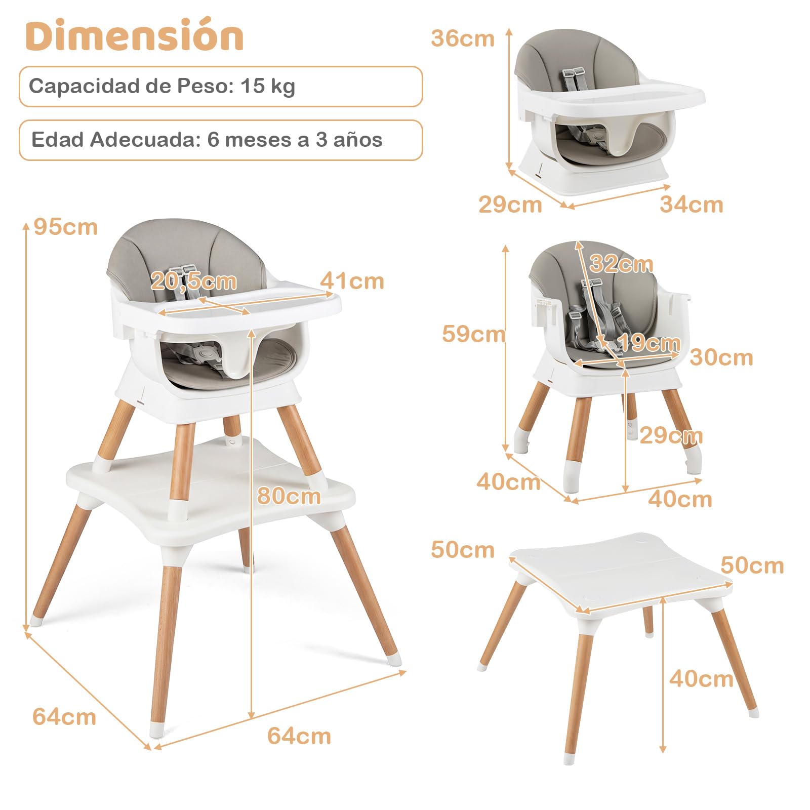 COSTWAY Trona Bebé 9 en 1, Trona Evolutiva con Bandeja Extraíble Apta para Lavavajillas, Patas de Madera, Cinturón de Seguridad de 5 Puntos y Cojín de Asiento, Silla Alta Convertible (Gris Claro)