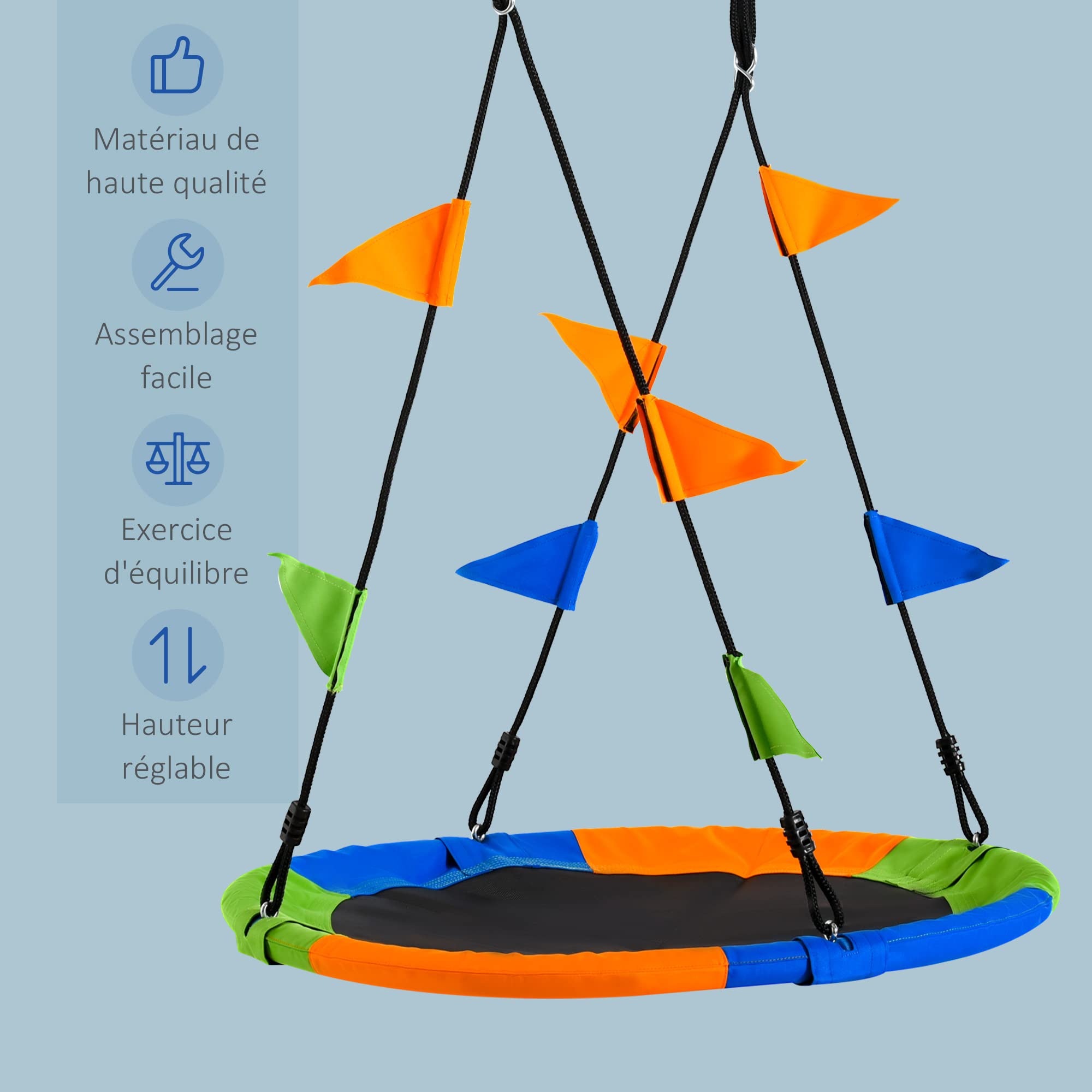 Outsunny Balançoire nid d'oiseau Ronde Ø 100 cm, Multicolore | Pour enfant et adulte, 2 anneaux, drapeaux inclus, poids max. 80 kg, métal époxy PP Oxford haute densité,