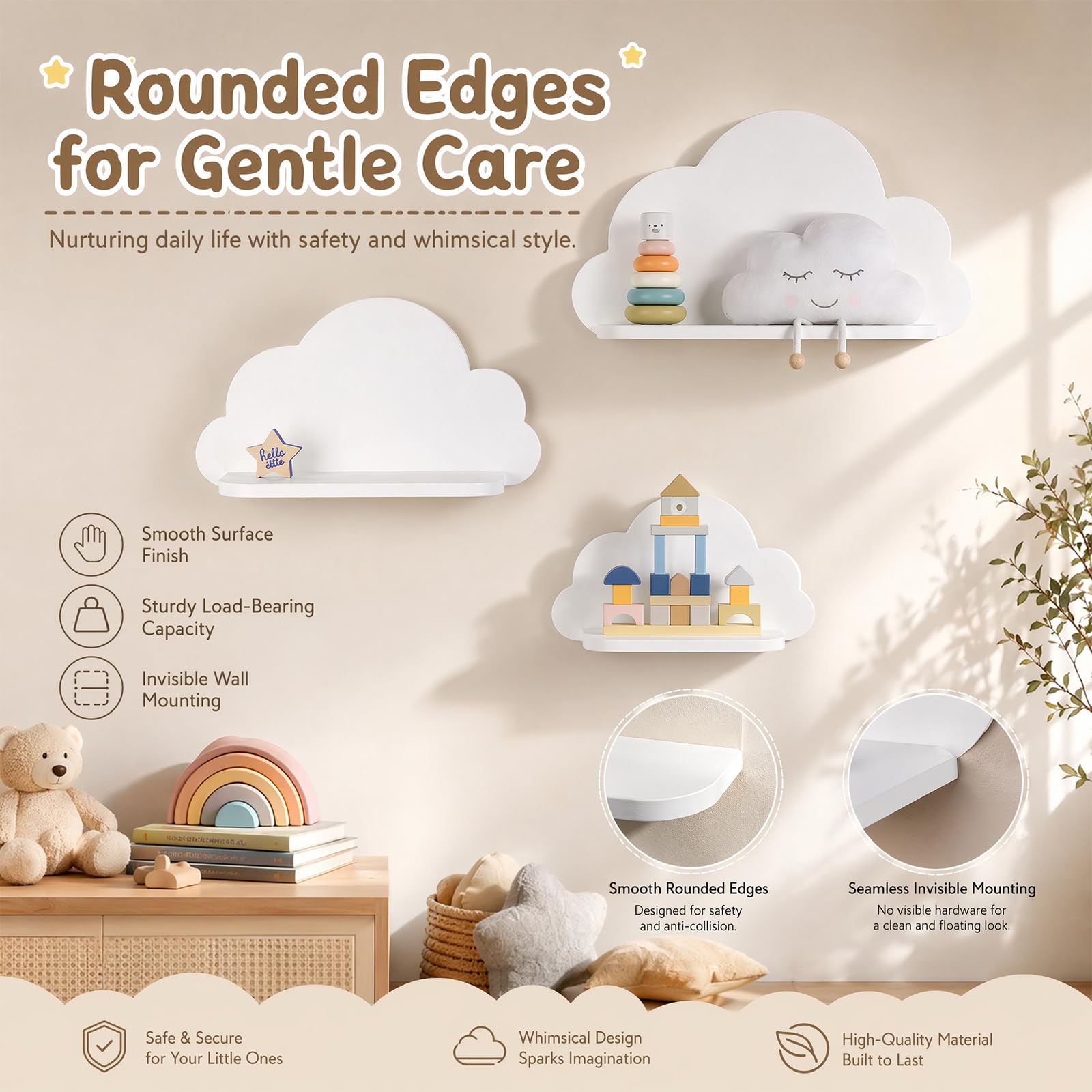 Kinderzimmer deko 3er Set Wandregal Wolke Niedlich, Aufbewahrung für Babyzimmer Kinderzimmer Junge Mädchen, für Bücher Spielzeug Figuren, Holz Weiß