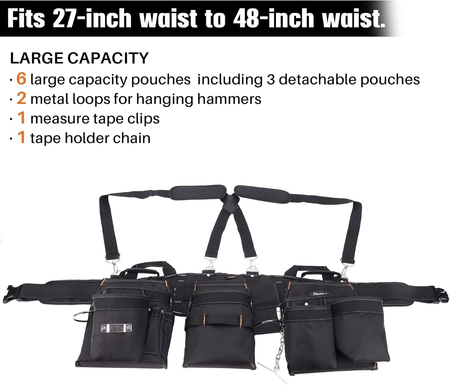 16-Pockets Tool Belts for man with Suspenders, Detachable & Adjustable Tool Pouches Bag & Back Support Tool belt Combo For Electrician/Carpenter/Construction/Framers/Handyman - Image 5