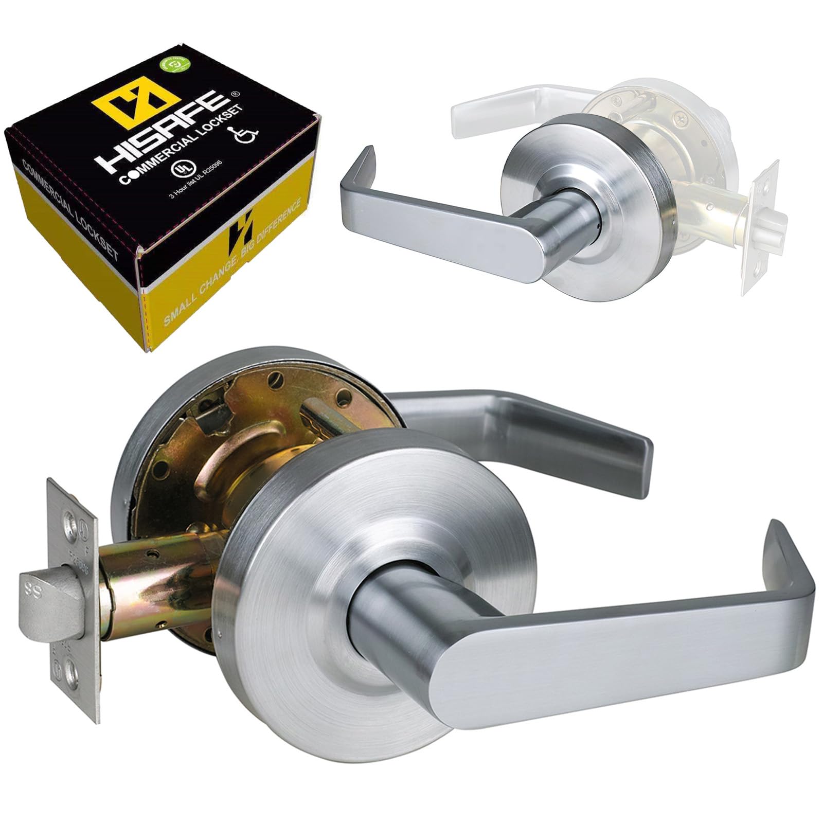 HISAFE Passage Commercial Door Locks Heavy Duty Grade 2 Lever, Non-Handed, UL 3 Hour Fire Rated, ADA Compliant, Satin Chrome Finish 26D, 2-3/4''Backset, X-XG-PS-70