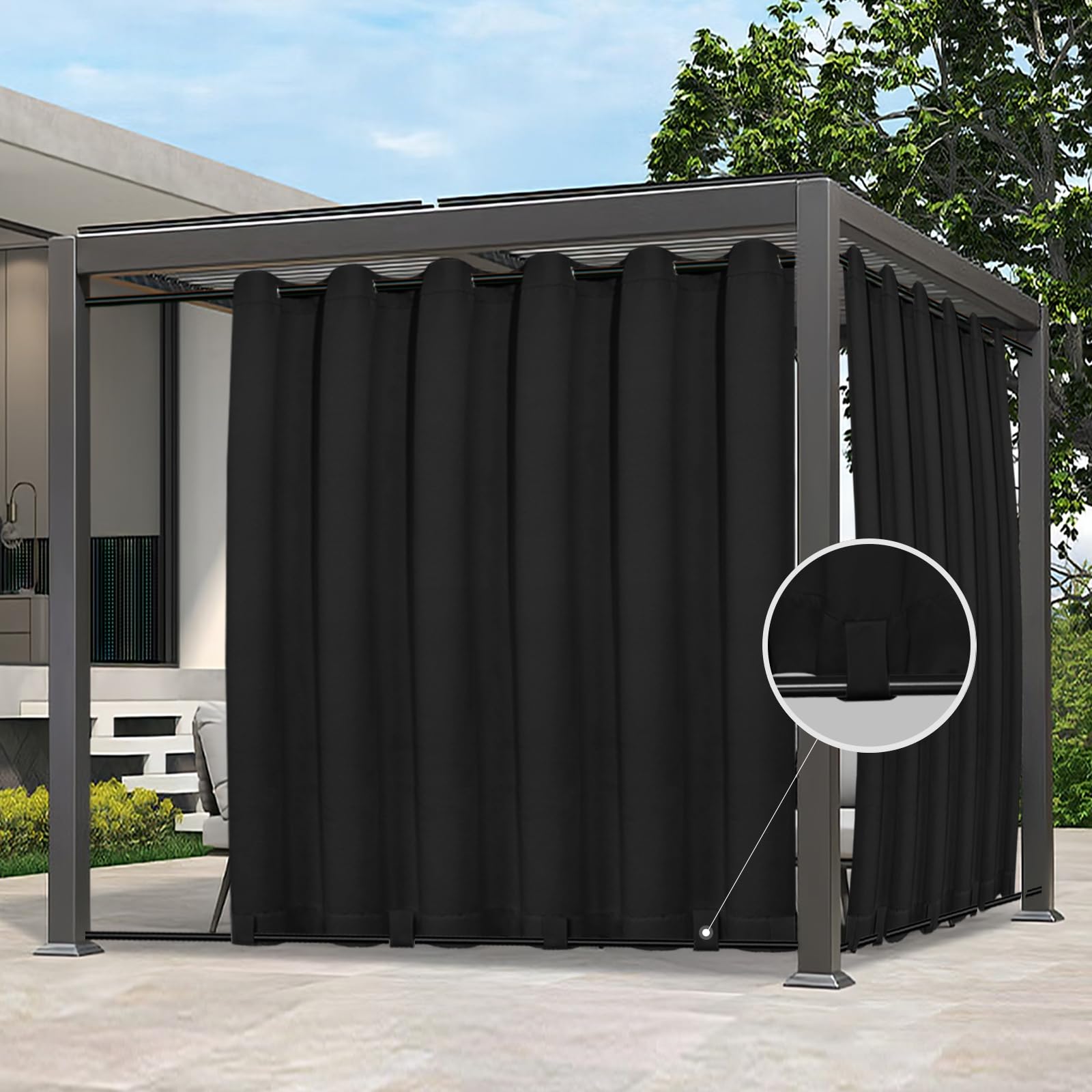 Easy-Going Outdoor Curtains Waterproof Windproof Weatherproof Curtain for Patio, Cabana, Porch, Pergola and Gazebo, Grommet Top and Tab Bottom Drape, 1 Panel, 110x84 inch, Black