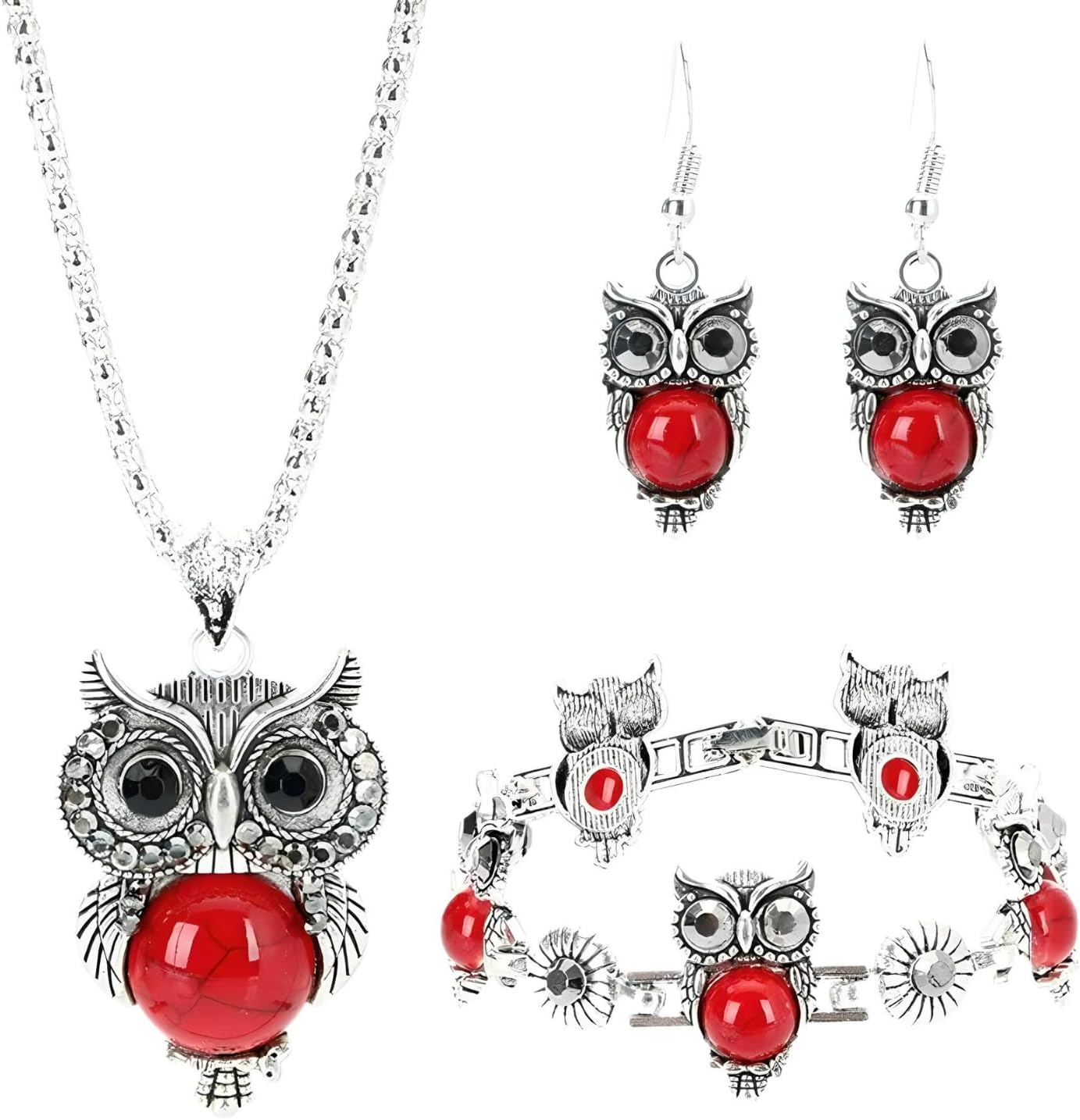 925 Sterling Silver Set Owl Necklace, Bracelet and Earrings For Women - Stone Owl Pendant Necklace Owl Earrings For Women Owl Bracelet Animal Set Jewelry Gifts For Women Athenian Owl Pendant