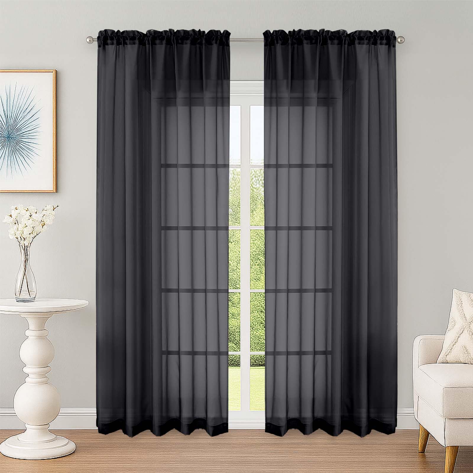 OWENIE Sheer Curtains 84 Inches Long 2 Panels Set, Black Sheer Curtain for Living Room Bedroom, Modern Filmy Rod Pocket Curtains Drapes, 2 Pcs, Each 59 W x 84L, Black