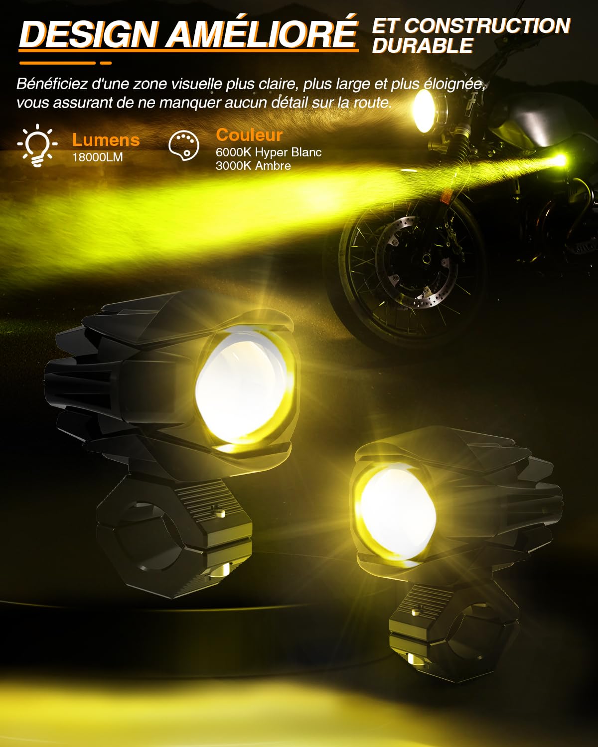 BraveWAY 60 W 18000 LM Luci aggiuntive Moto Faro Migliorato LED Ausiliario Antinebbia Bianco Ambra Impermeabile 9 Modalità Stroboscopiche Kit di Cablaggio Plug and Play e 2 Supporti di Montaggio