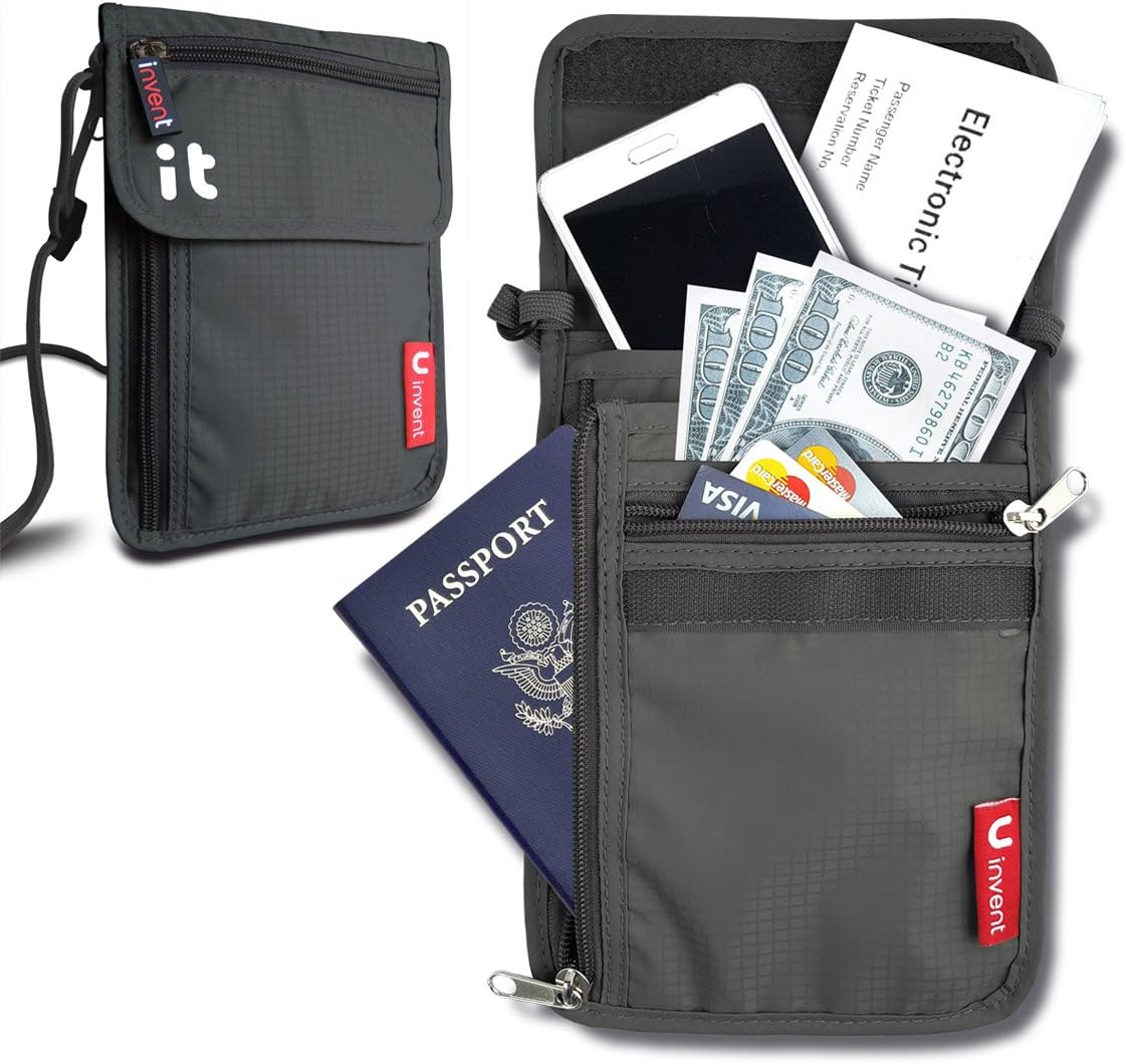 Neck Wallet w/RFID Blocking- Concealed Travel Pouch & Passport Holder (Neck Dark Gray)