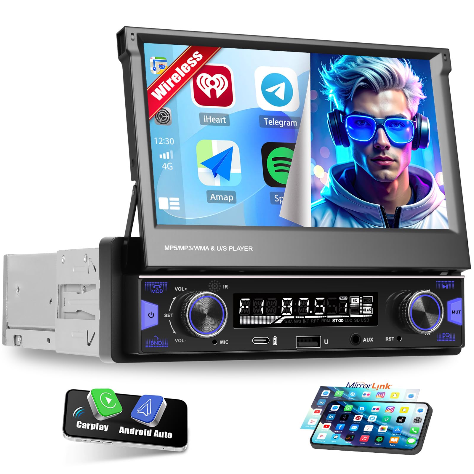 CAMECHO Radio de Coche 1 Din con Pantalla Táctil HD Inalámbrica Carplay, 7 Pulgadas Pantalla Retráctil Manual de Radio Bluetooth con Android Auto FM/AM/RDS Manos Libres Mirror Link Control del Volante