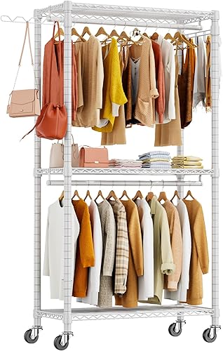 Miniatura 9 de Percheros para colgar ropa con carga de 420 libras, perchero de ropa resistente, perchero de ropa rodante, perchero de metal independiente con