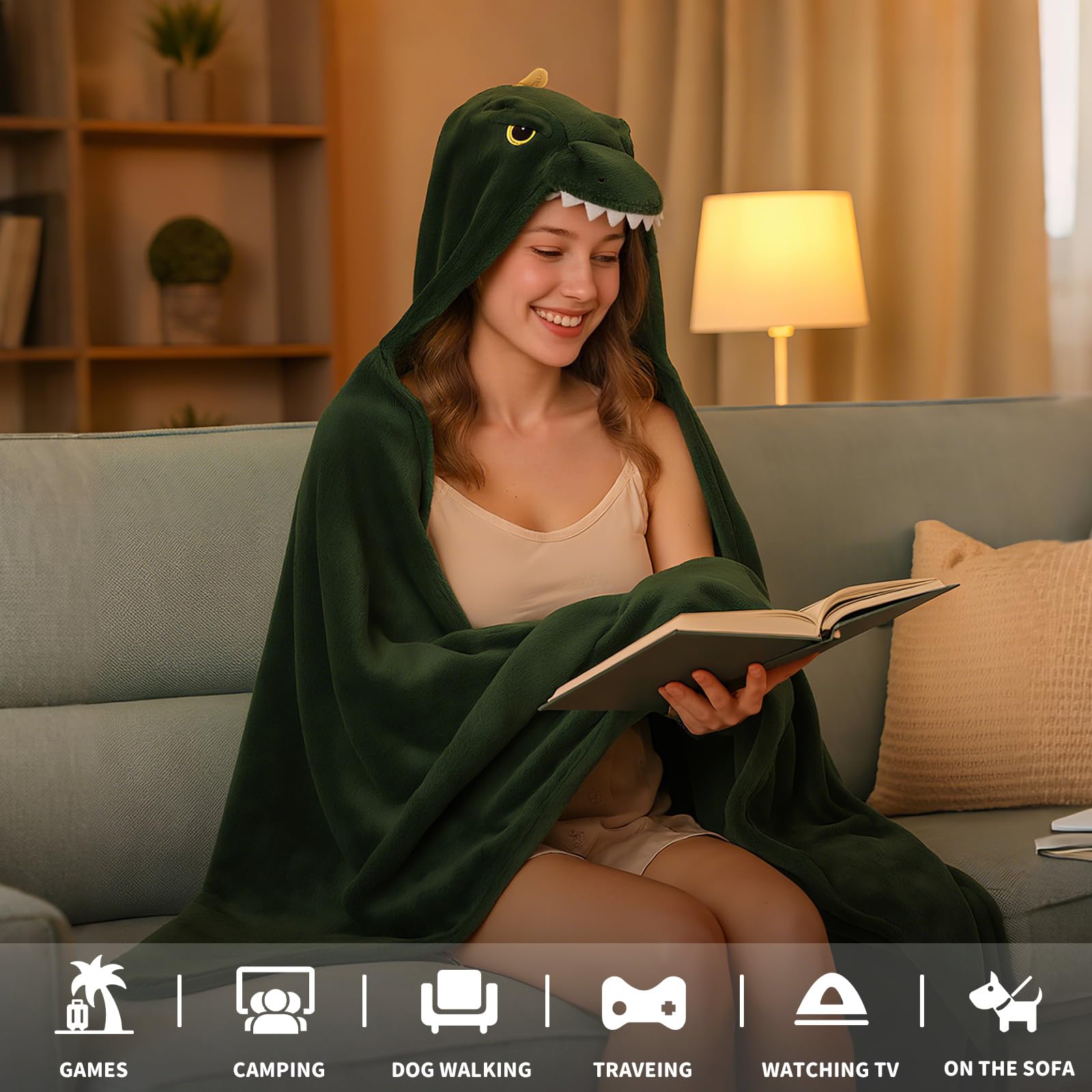 MSISILY Coperta con cappuccio indossabile da donna, morbida mantella avvolgente in pile e felpa con cappuccio Sherpa, Dinosauro Dreen, 160X130 cm