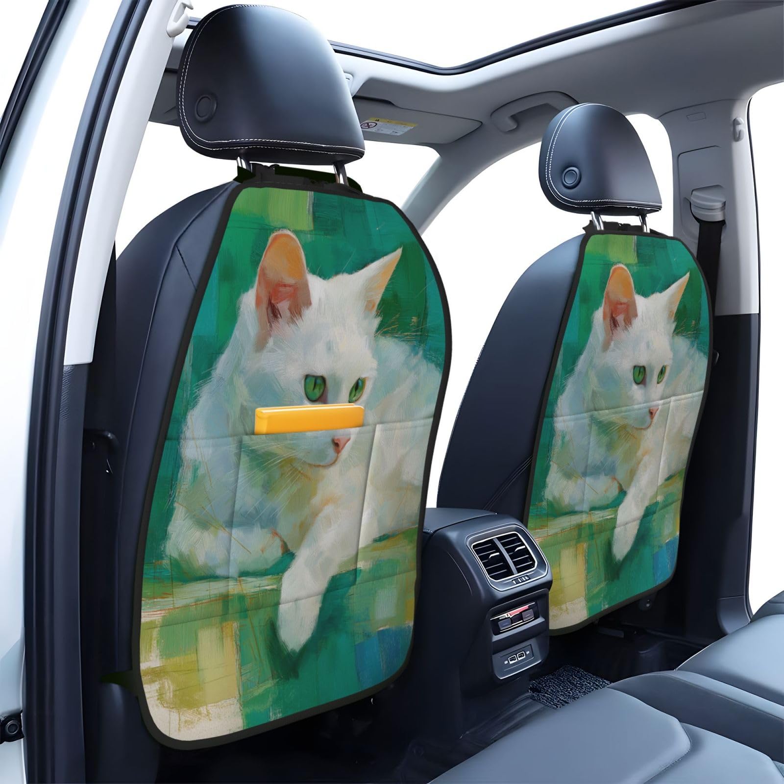 Watercolor Gouache White Cat Car Seat Back Kick Protectors,2 Pack Kick Mats with Storage Pockets for Vehicles to Protect from Dirt Mud Scratches