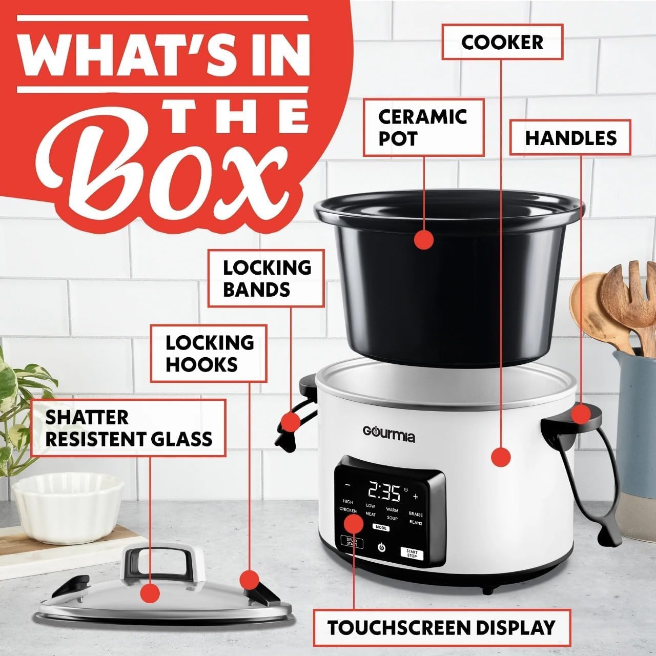 Image showing the Gourmia GSC517 Slow Cooker with its lid secured by locking bands and a sealed lid, indicating mess-free travel capability.