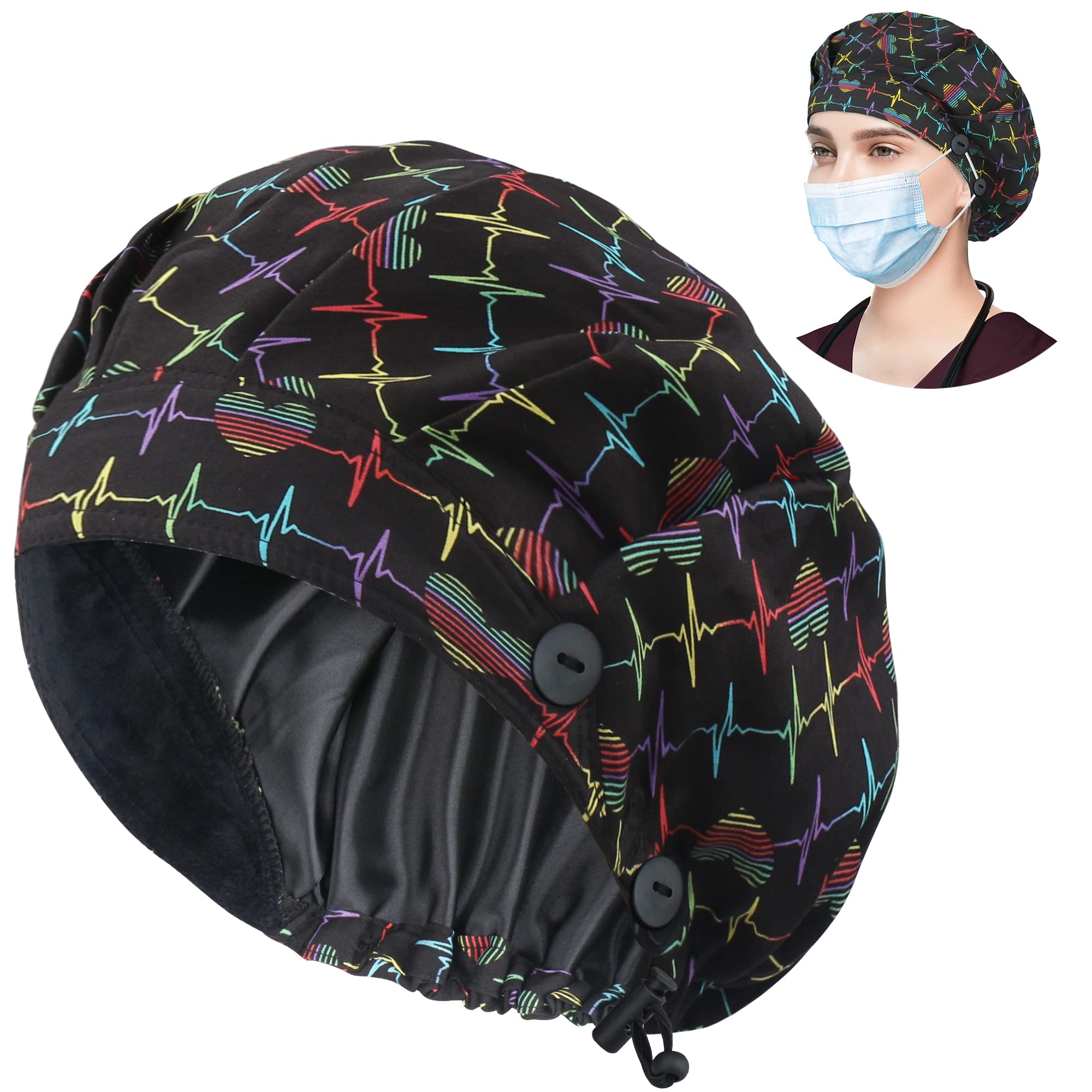 ABAMERICA Bouffant Caps with Button and Sweatband, Adjustable Scrub Caps for Women Men, One Size Multi Color