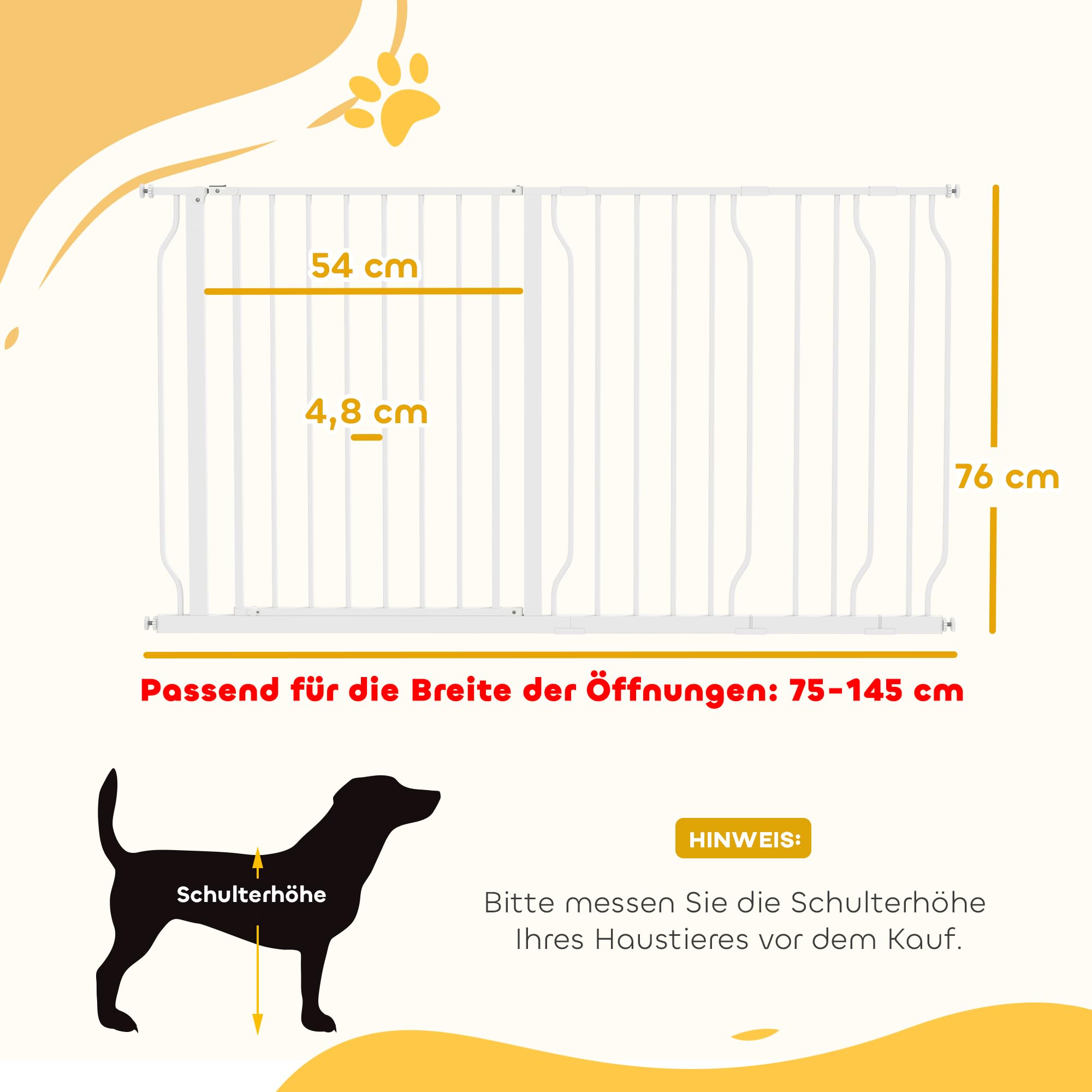 PawHut Türschutzgitter mit 10/20 cm Verlängerung für 75-145 cm Weiß | Treppenschutzgitter ohne Bohren, Türgitter, Treppengitter, Beidseitige Einhand Öffnung, Schwenkbar, Stahl
