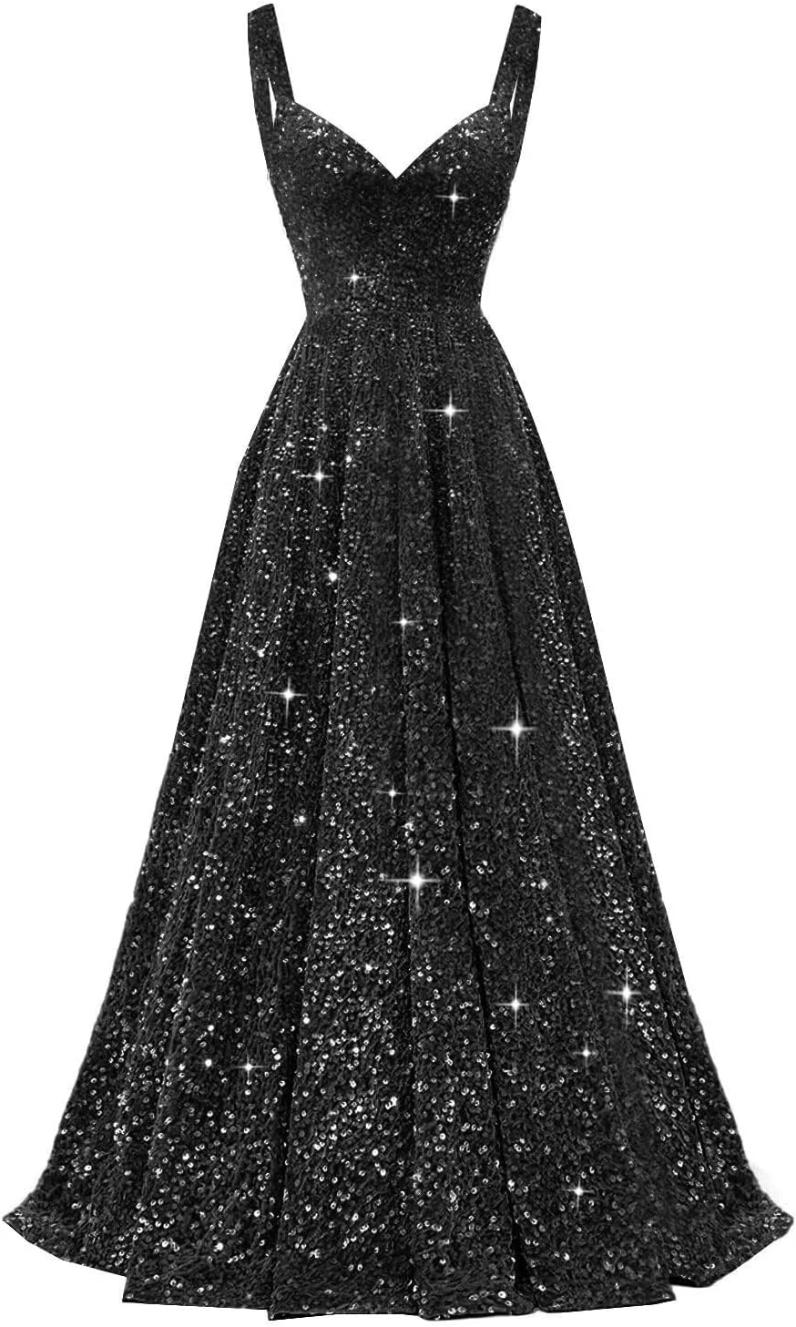 A Line Sparkly Sequined Prom Dresses for Women, V Neck Formal Evening Gowns Cocktail Party Dresses with Straps