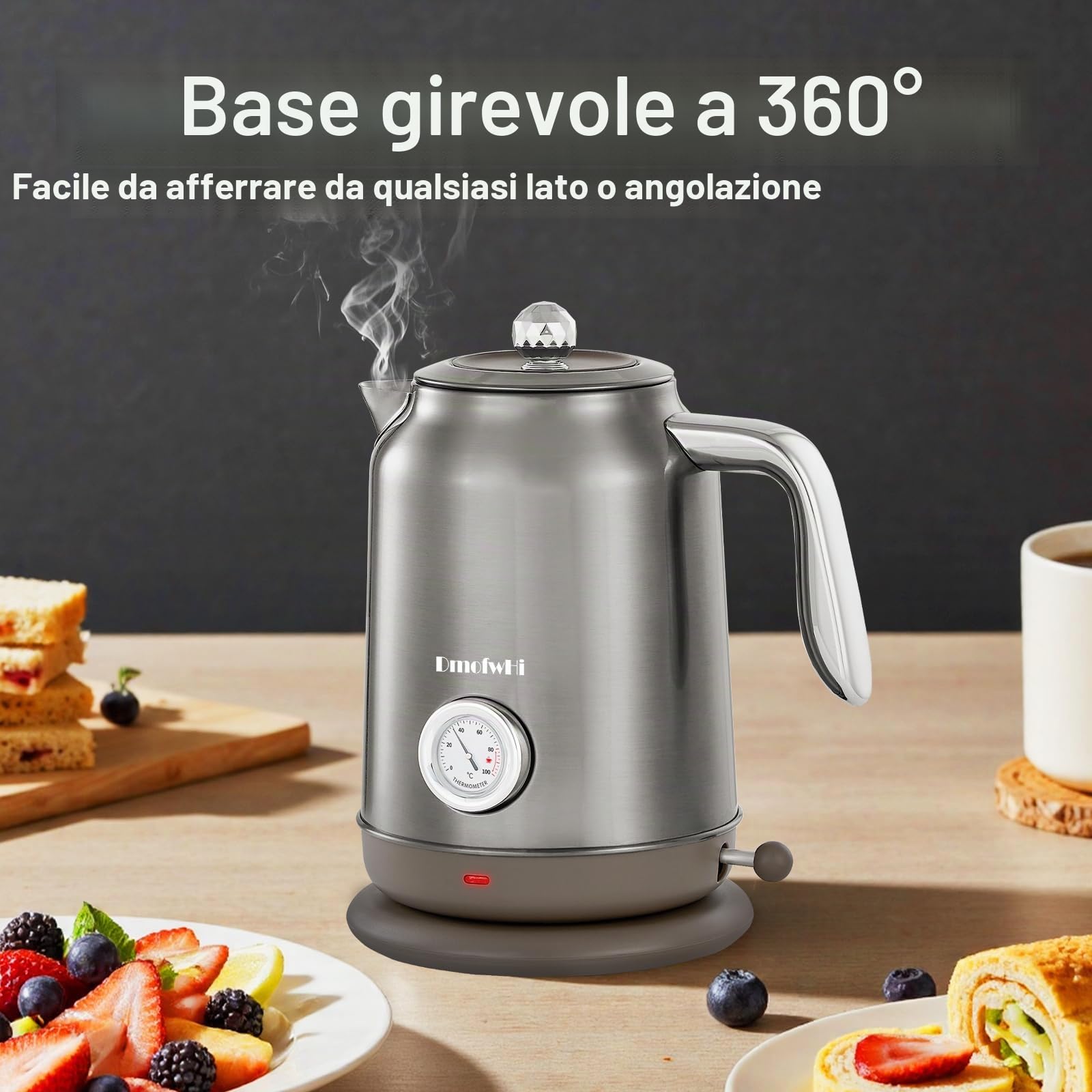 DmofwHi Bollitore Elettrico Inox 1,7L - Teiera Retrò con Termometro e Indicatore di Temperatura - Spegnimento Auto & Protezione Ebollizione Secca - Per Caffè, Tè e Famiglia (Cromo)