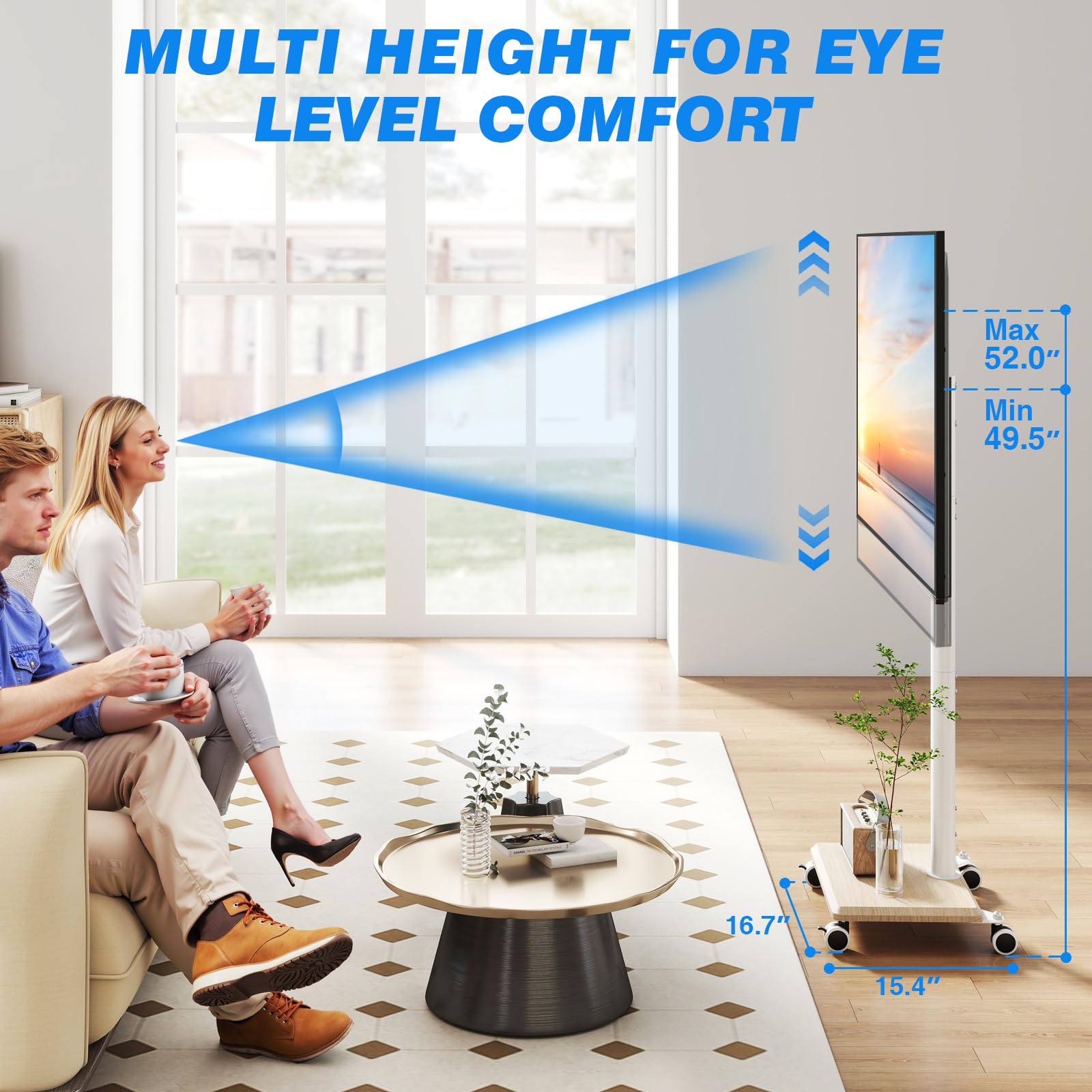 5Rcom Carrello Porta TV con Ruote per TV da 27-55 Pollici, Supporto TV da Pavimento Regolabile in Altezza e Girevole con Base in Legno - VESA Max 400x400mm, Portata Massima 30kg (Beige)