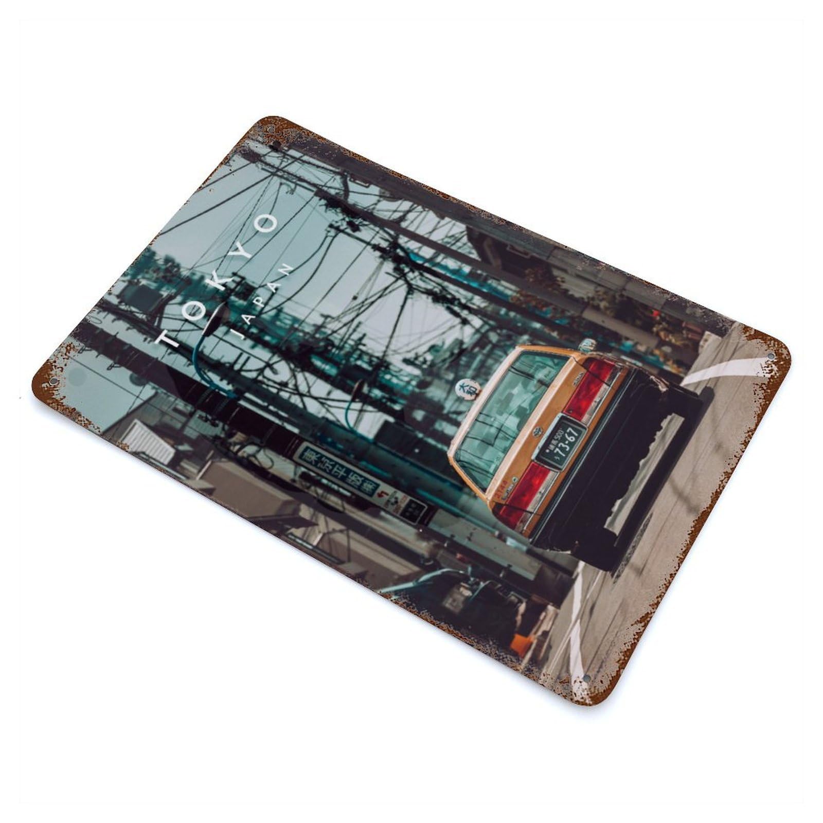 Tokyo And Taxi 11.8"x7.9" Rusty Metal Tin Sign, Farmhouse Wall Decor for Office, Studio And Wall Decor