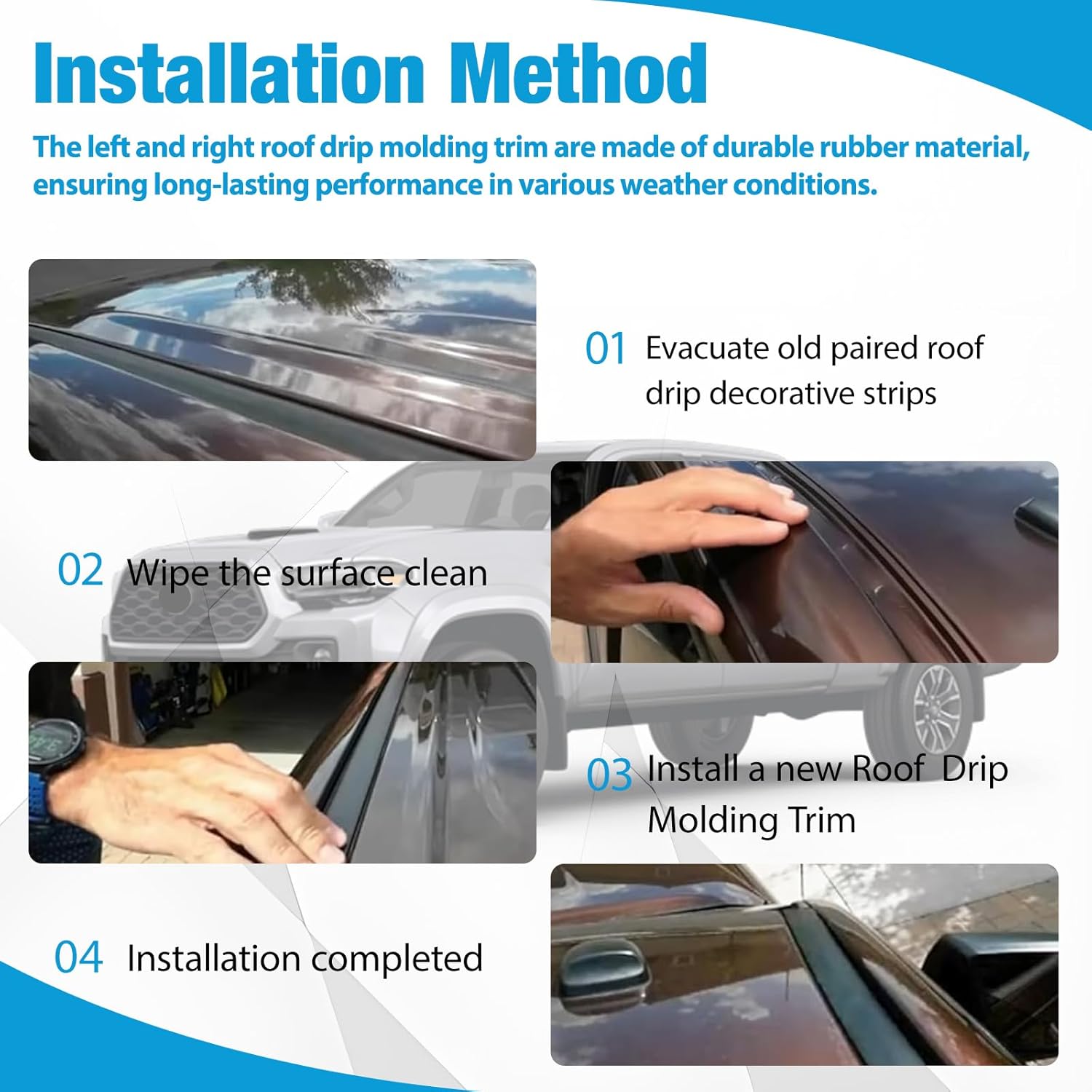 Pair Roof Drip Molding Trim 75551-04081 75552-04080 LH&RH Fit for Toyota Tacoma Double CAB 2016-2023 Roof Trim Molding Weather Stripping Rubber Seal