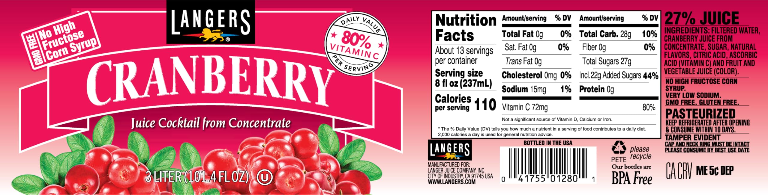 Langers Cranberry Variety Pack, Cocktail, Raspberry, Pineapple, Mango, 101.4 Fl Oz (Pack of 4)
