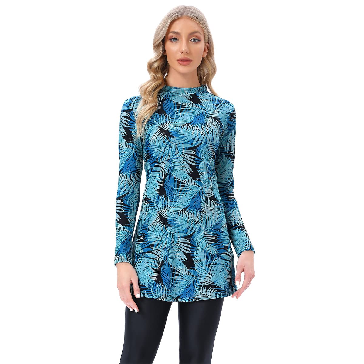 Women Long Sleeve Swimdress With Shorts 2-Piece Rash Guard Set UPF 50