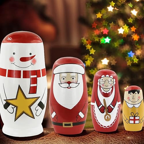Miniatura 4 de Winterworm 5 unidades de muñeco de nieve de Papá Noel árbol de Navidad de anidación muñecas rusas de Navidad Matryoshka muñecas apilables de madera