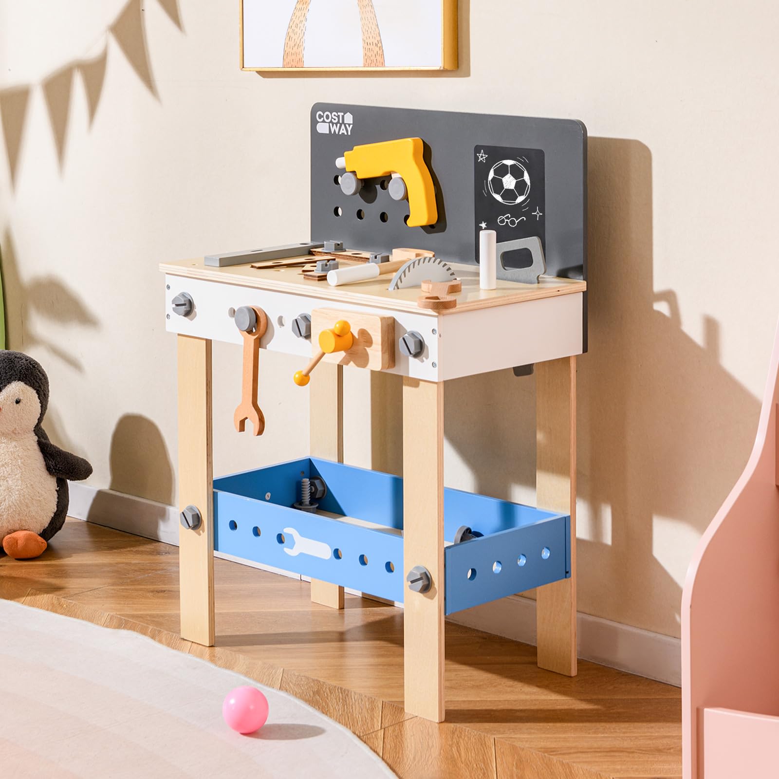 COSTWAY Banco de Herramientas para Niños, Banco de Trabajo Infantil de Madera Pequeños, Pizarra y Estante de Almacenamiento, Juego de Herramientas de Juguete Montessori para Niños de 3+ Años