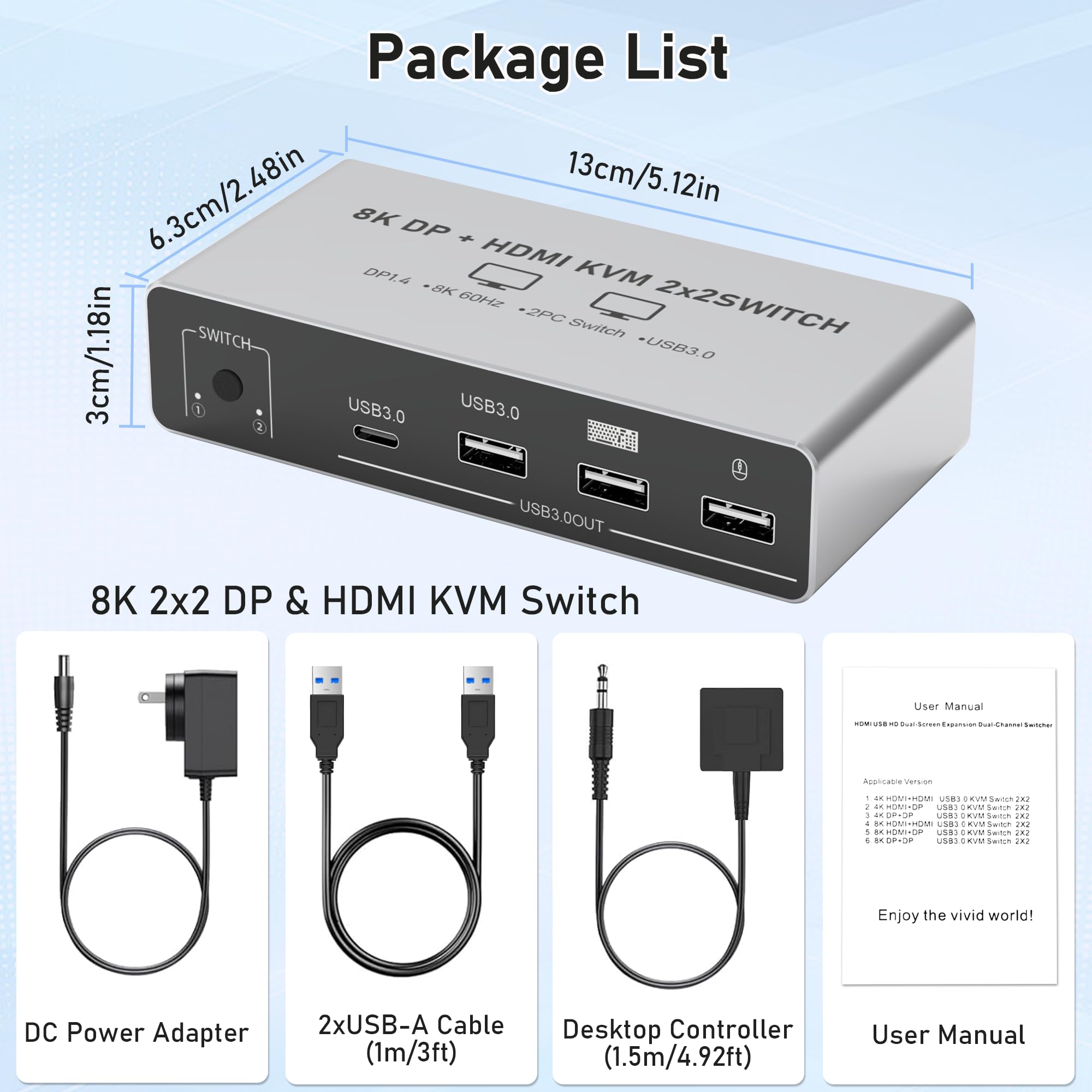 Tendak Switch HDMI Displayport KVM 2 PC 2 monitor, 8K DP HDMI KVM USB Switch tastiera mouse commutatore con 4 porte USB 3.0 per 2 PC Share 2 monitor, supporto 8K@60Hz 4K@120Hz HDCP 2.3