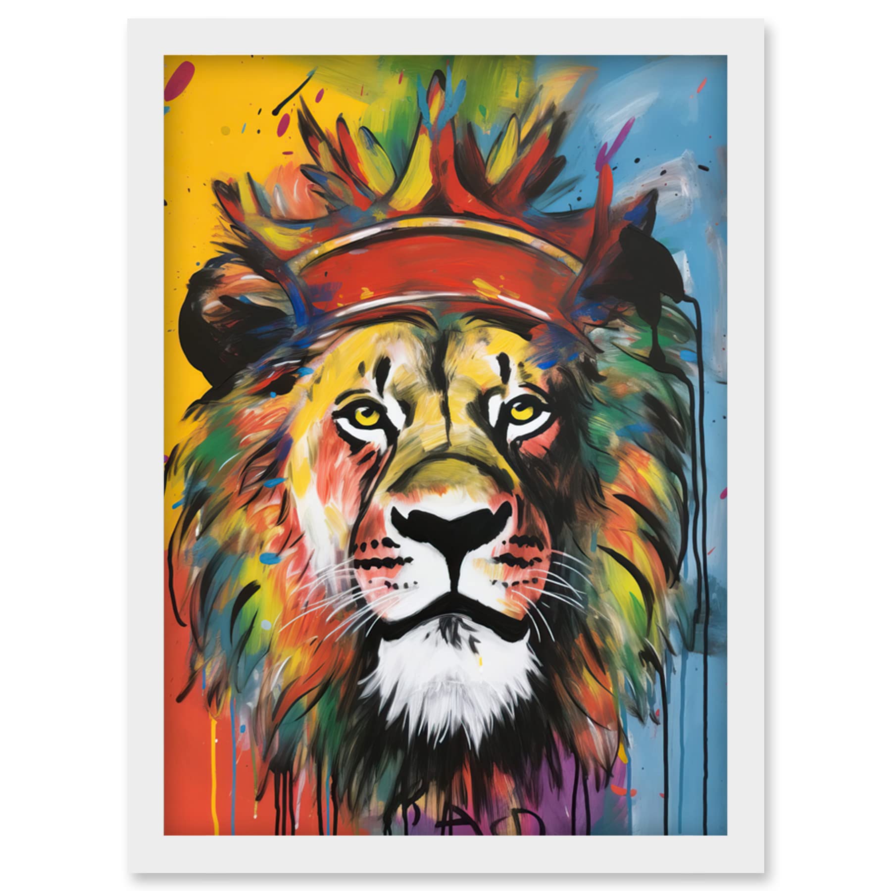 Artery8 King of the Jungle Lion with Crown Modern Pop Art Artwork Framed Wall Art Print A4