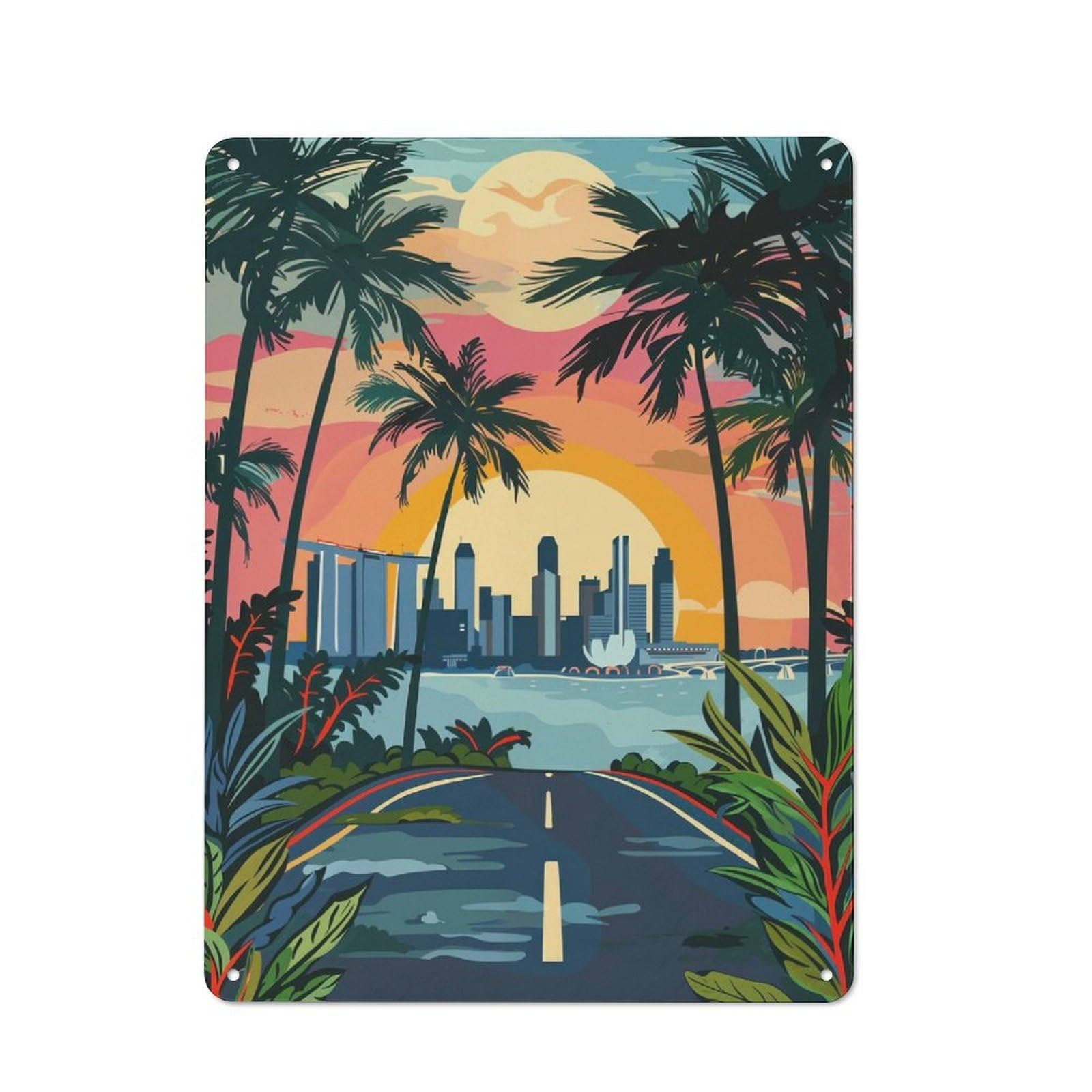 Singapore Sunset Cityscape Metal Wall Plaque 40x30cm, Simple Retro Office Wall Decor for Office, Study, Studio Or Hallway