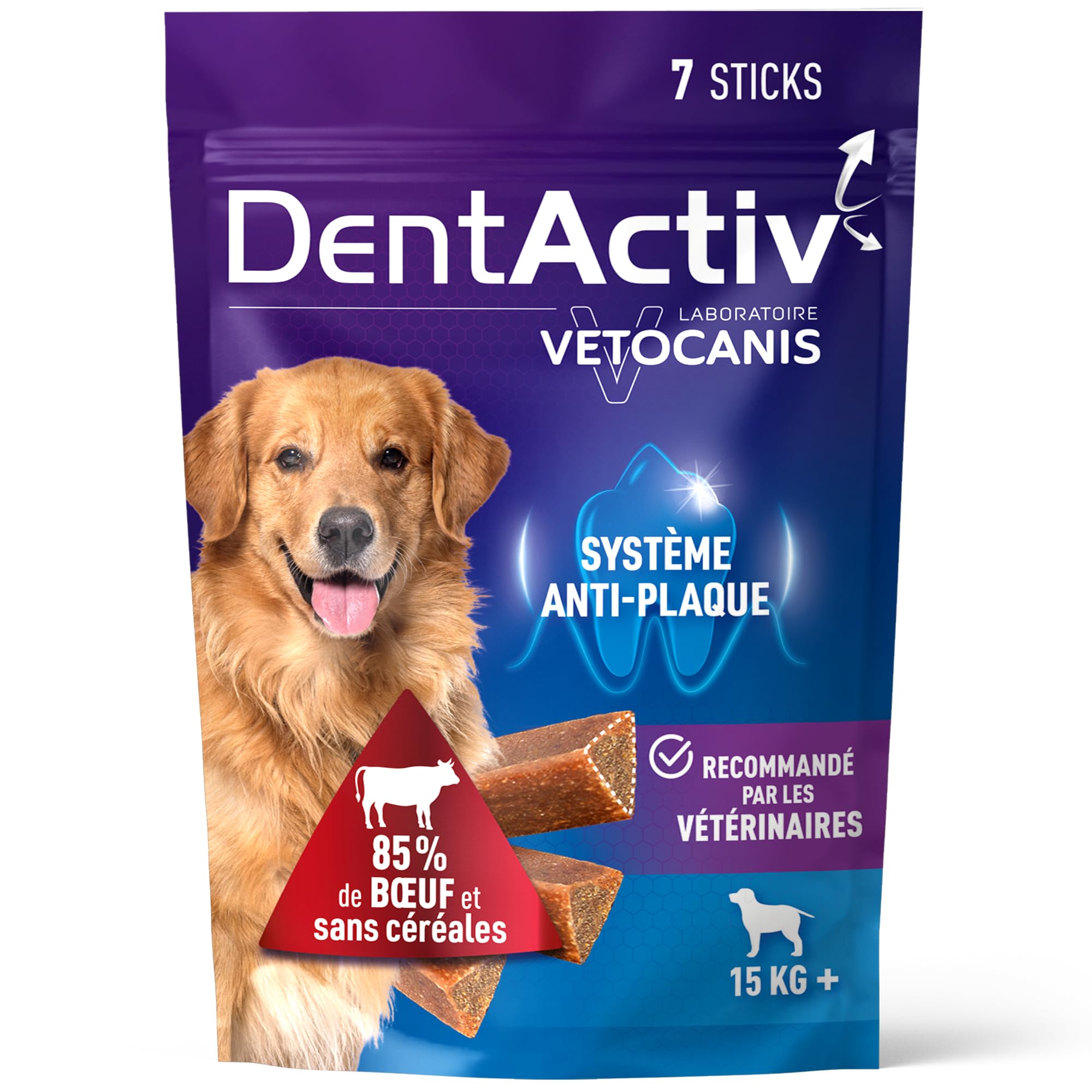 Vetocanis | Dentactiv | Zahnstick | Leckereien für Hunde | Hygiene und Gesundheit | Reich an Fleisch | 85% Rindfleisch | Empfohlen von Tierärzten | Hunde 15 kg +